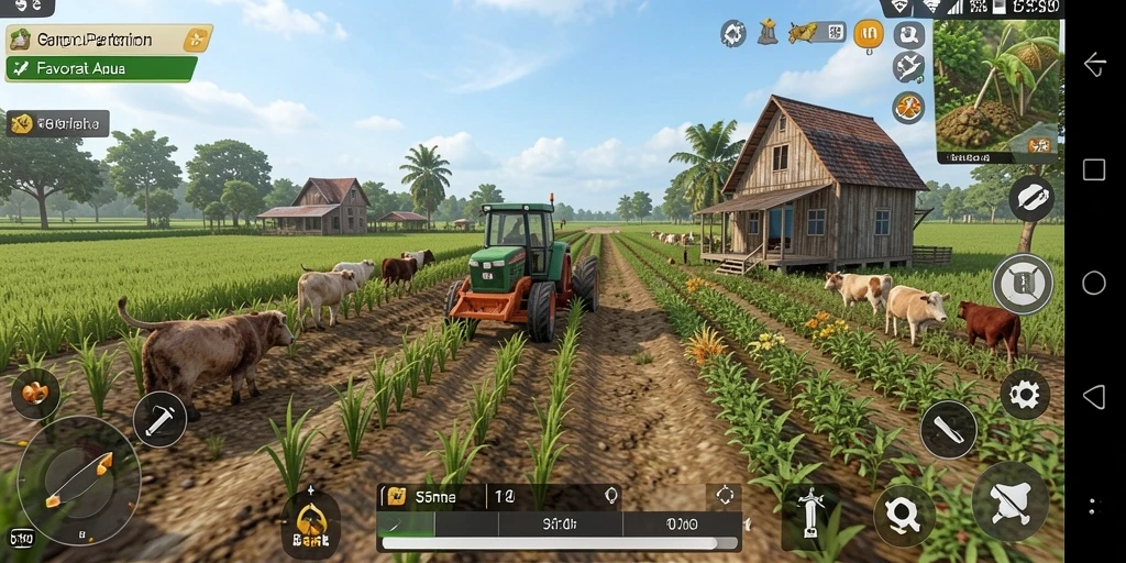 Screenshot gameplay 55RT menunjukkan suasana pertanian yang hidup dan interaktif.