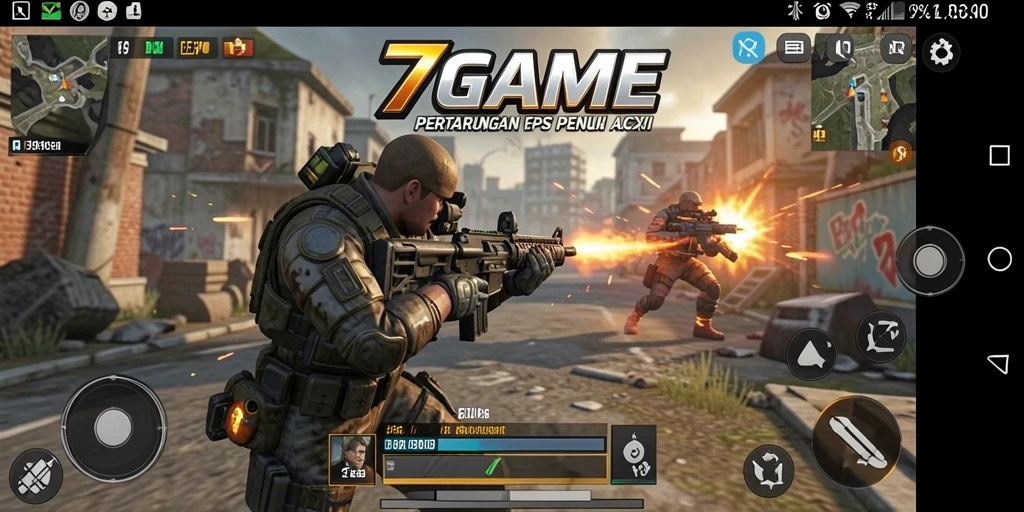 Screenshot gameplay 7GAME menampilkan aksi tembak-menembak yang mendebarkan.