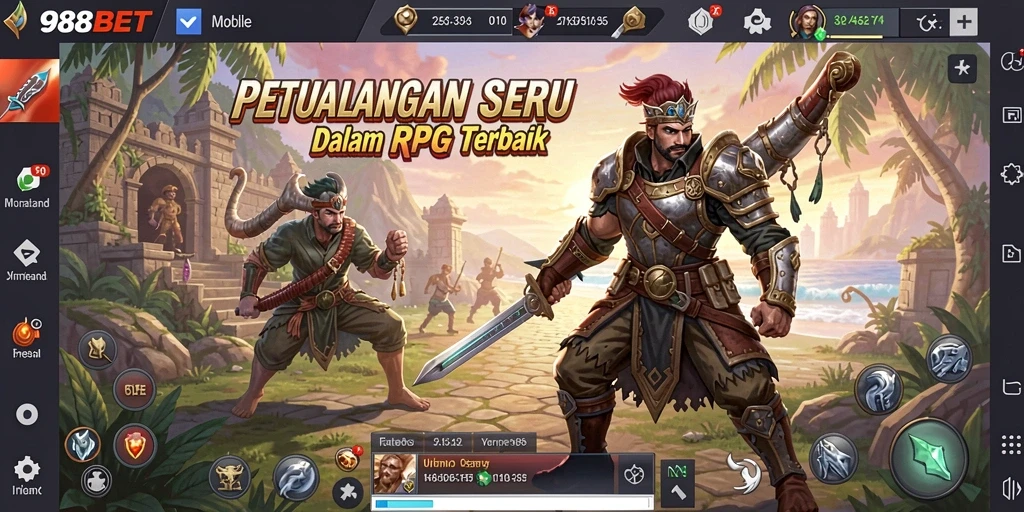 Screenshot gameplay 988BET dengan berbagai aksi pertarungan RPG.