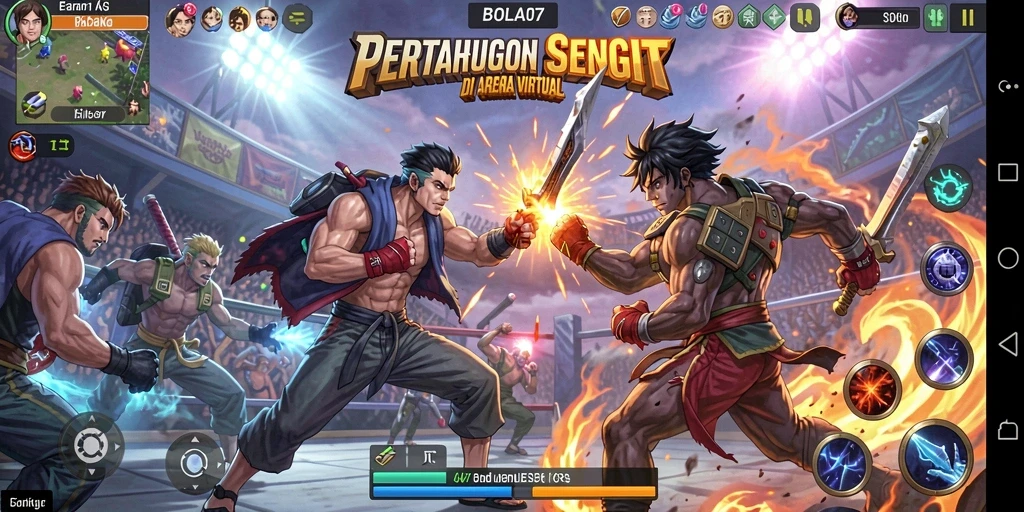 Screenshot BOLA07 menampilkan aksi pertarungan antara karakter yang penuh energik.