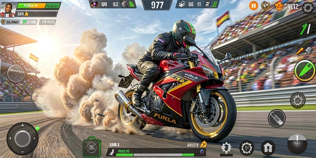 Gameplay FURLA77 menampilkan balapan motor yang seru dan cepat.