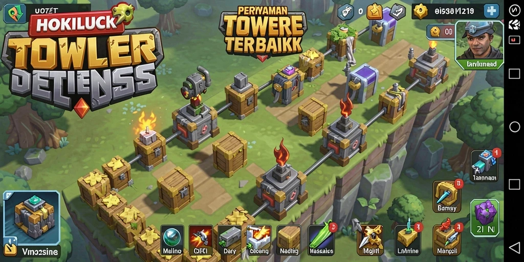 Screenshot menampilkan tindakan epik dalam permainan Tower Defense HOKILUCK.