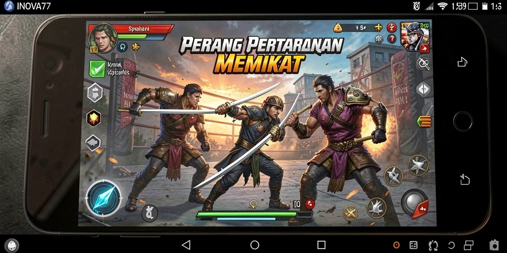 Screenshot INOVA77 menampilkan aksi pertarungan mendebarkan di arena berbasis karakter.