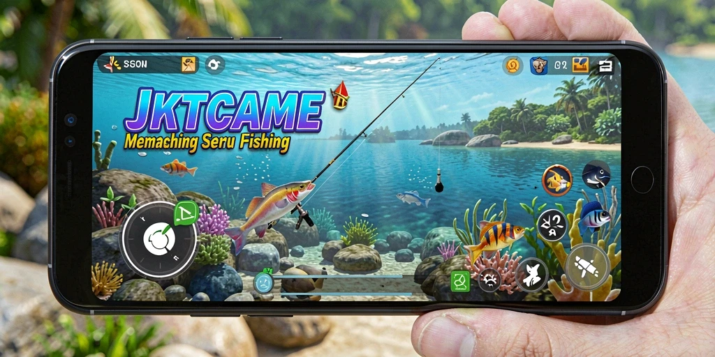 Screenshot gameplay JKTGAME menampilkan aksi memancing yang seru dan realistis.