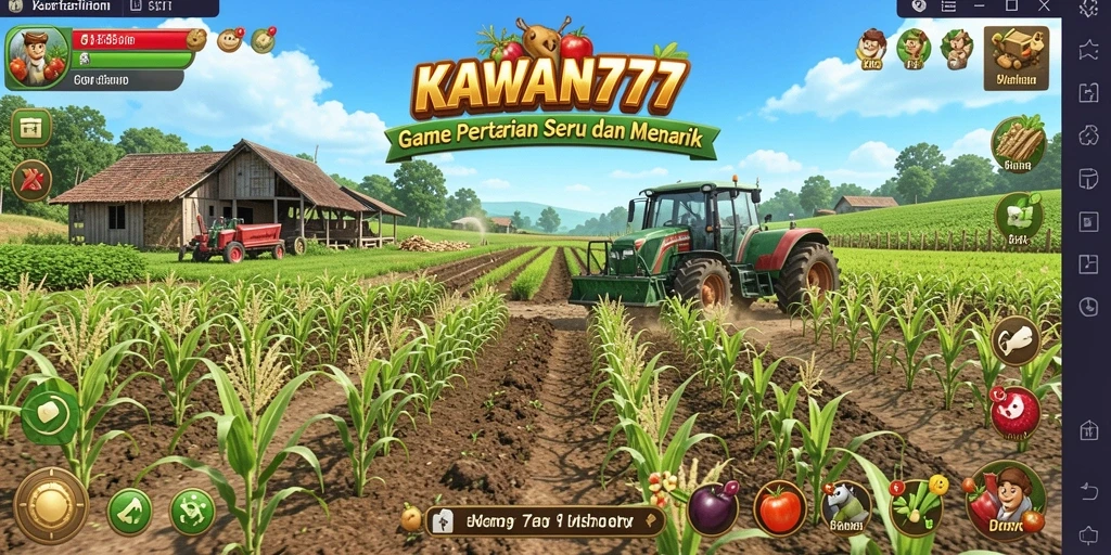 Tampilan gameplay seru dalam KAWAN777 dengan berbagai tanaman dan aktivitas pertanian.
