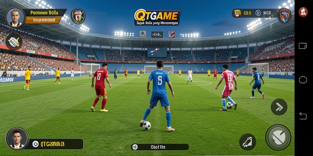 Tangkapan layar utama QTGAME menampilkan aksi bermain sepak bola yang seru.