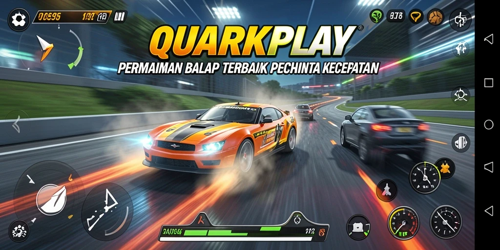 Tangkapan layar gameplay QUARKPLAY menampilkan aksi balap yang mendebarkan.