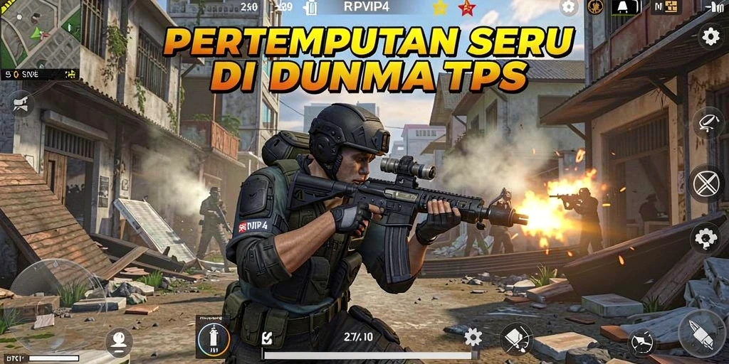 Screenshot gameplay RPVIP4 dengan pertempuran seru di arena TPS.