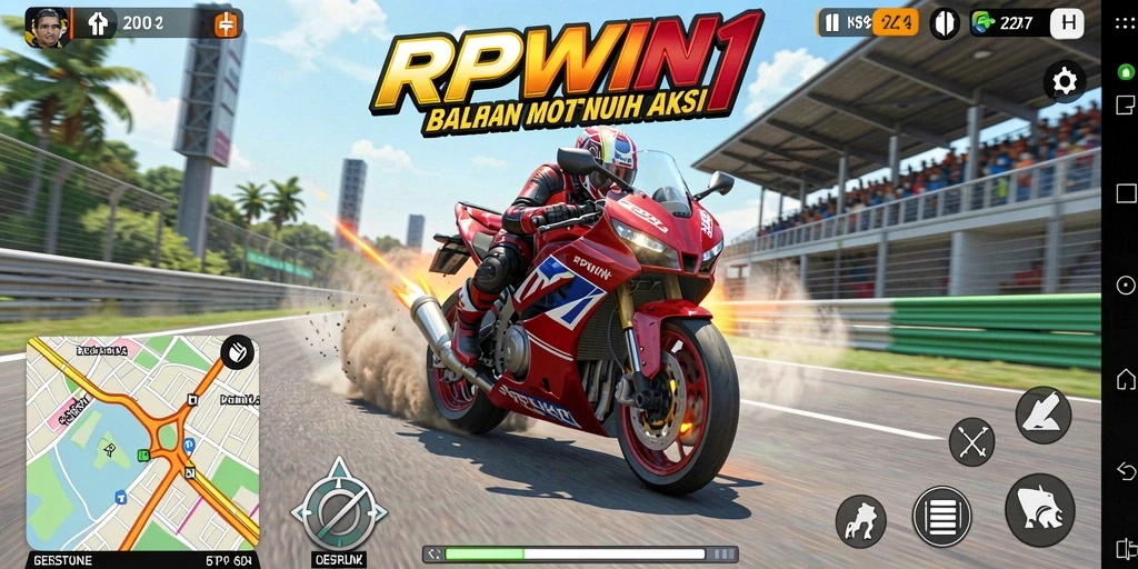 Screenshot utama dari gameplay yang menampilkan balapan motor yang seru.