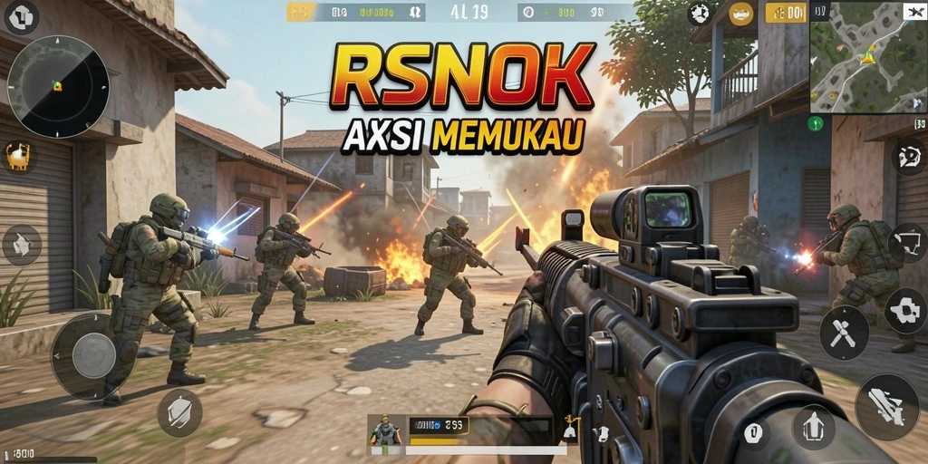 Screenshot RSNOK menampilkan aksi tembak-menembak seru di medan perang.