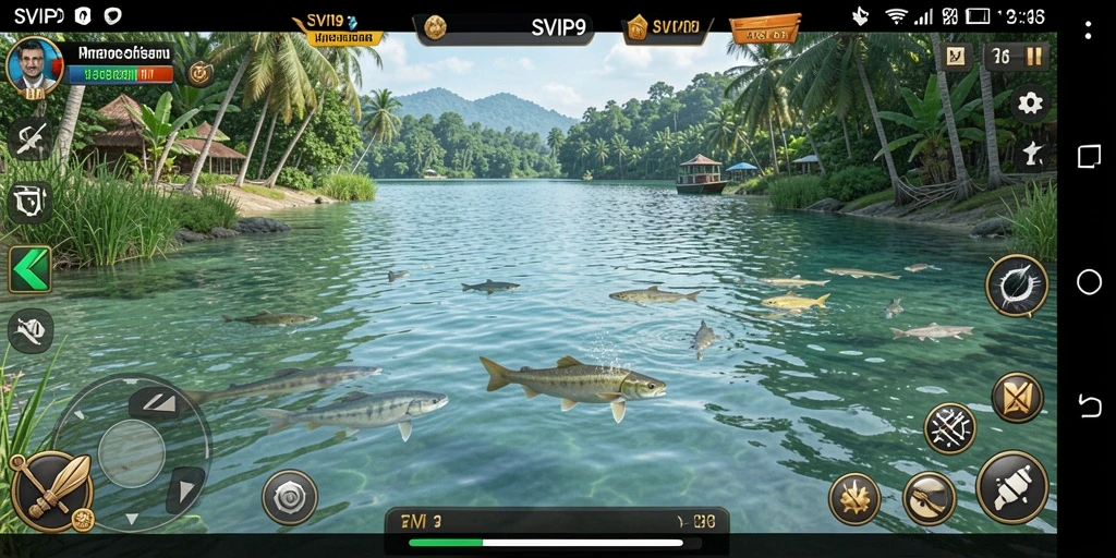 Tampilan gameplay <strong>SVIP9</strong> dengan aksi memancing yang seru dan beragam jenis ikan.