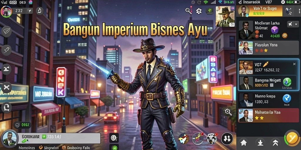 Tampilan gameplay V87 yang menantang dalam membangun bisnis.
