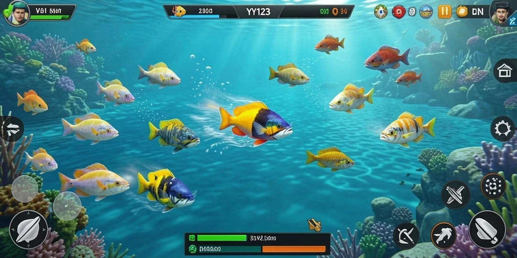 Screenshot utama YY123 menunjukkan aksi menembak ikan yang intens.